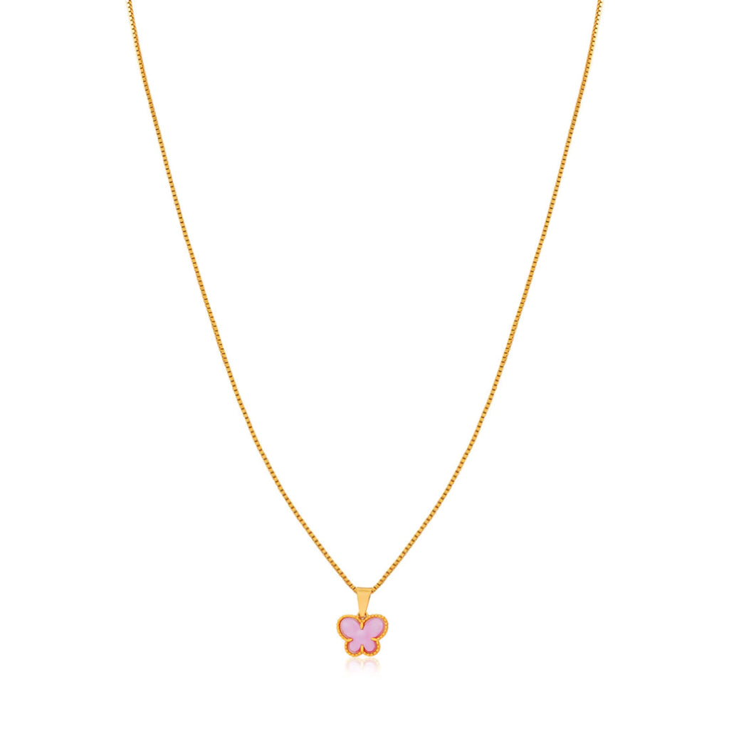 COLAR VENEZIANA MINI BORBOLETA ROSA - FOLHEADO A OURO